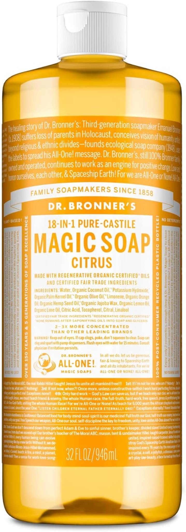 Dr. Savon liquide biologique pur de Castille Bronner à l'huile d'agrumes 32 oz - Feebella