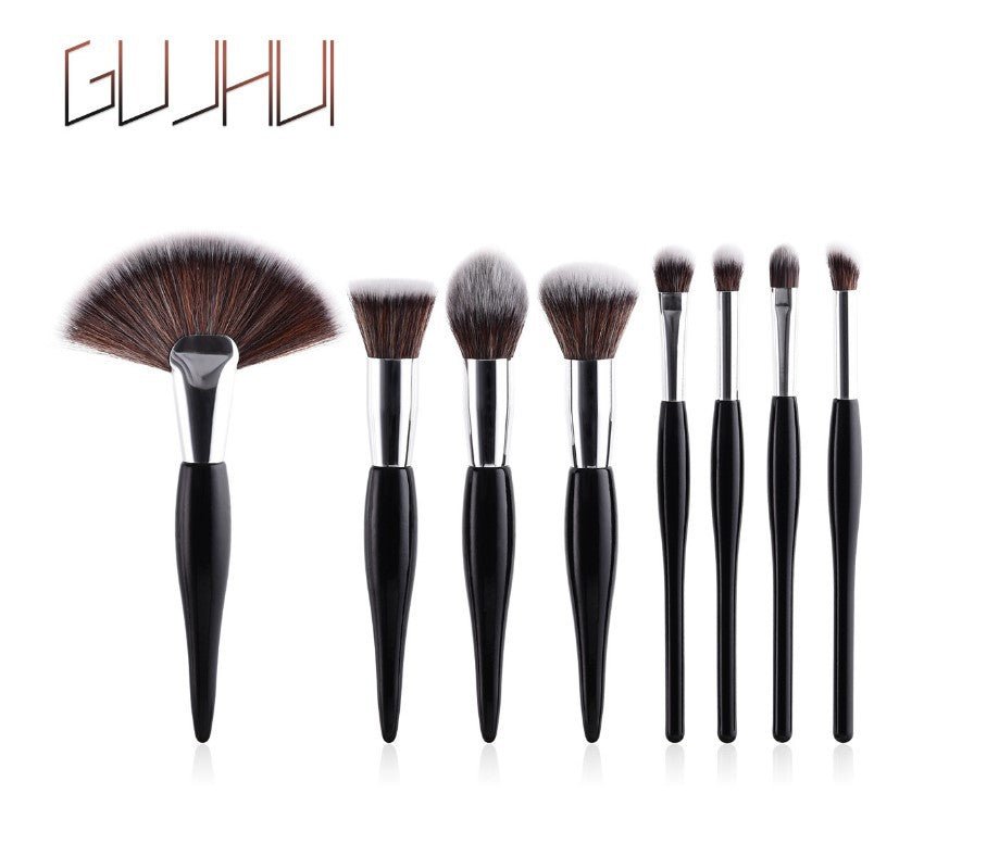 Set de 8 pinceaux de maquillage avec manche noir et tubes argentés - Feebella